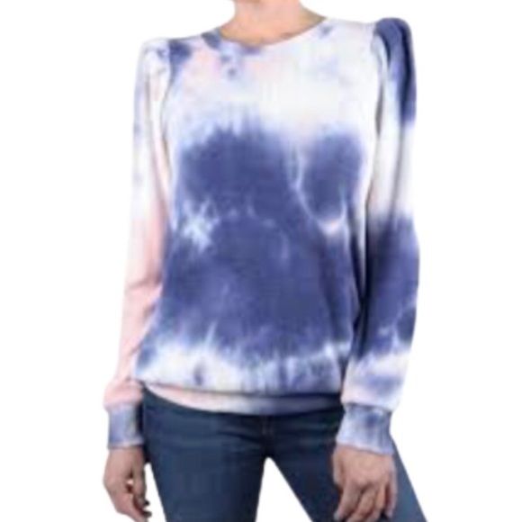 Status by Chenault Tops - Status by Chenault Blue and Blush Tie Dye Puff Sleeve Pullover Top Medium